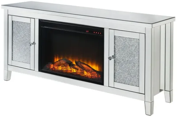 TV Stand with Electric Fireplace and Mirror Panel Framing, Silver - Benzara