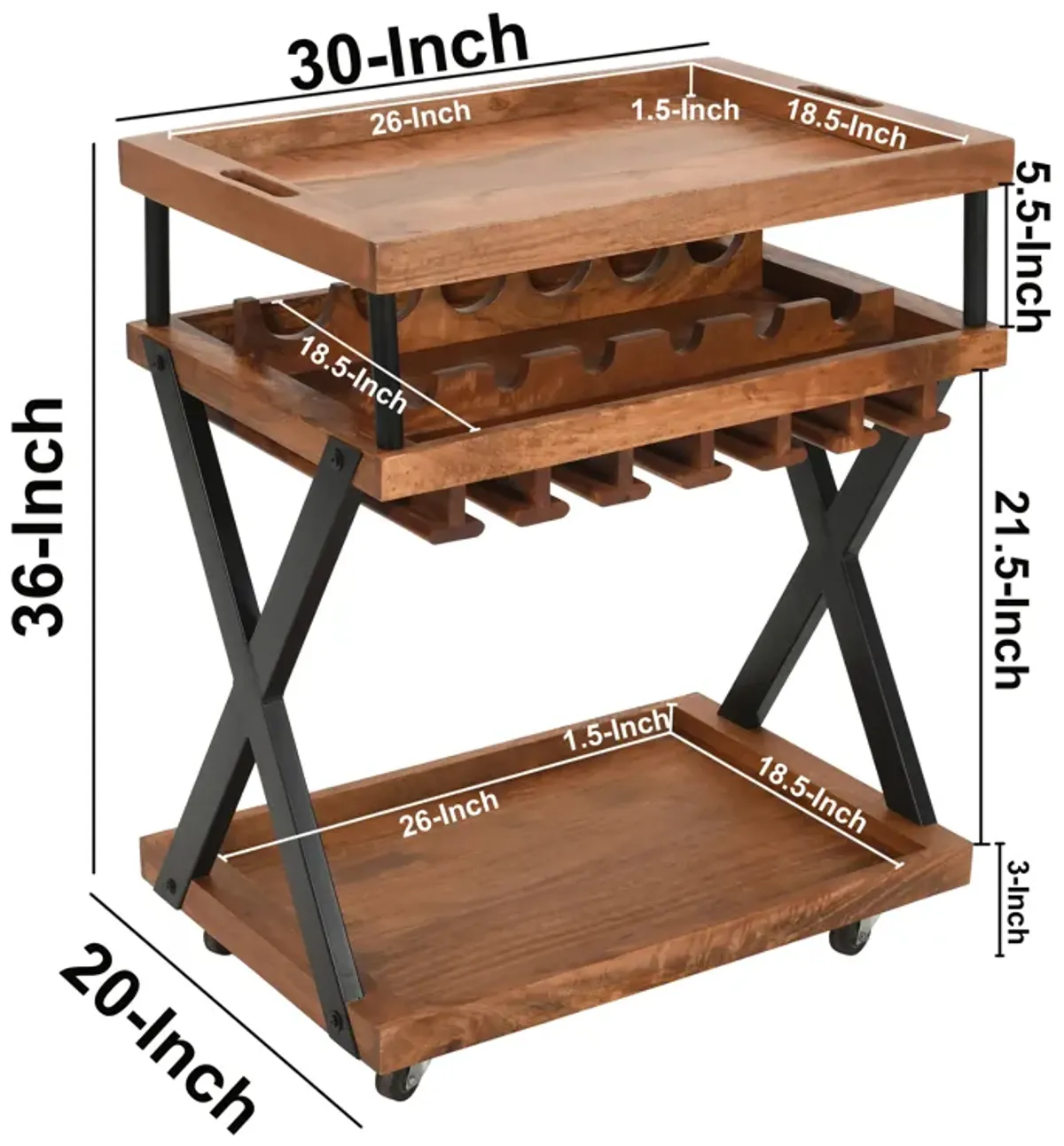 30 Inch Rolling Wine Bar Cart, 2 Tray Tops, Stemware Rack, Bottle Holder, Natural Brown Mango Wood - Saltoro Sherpi