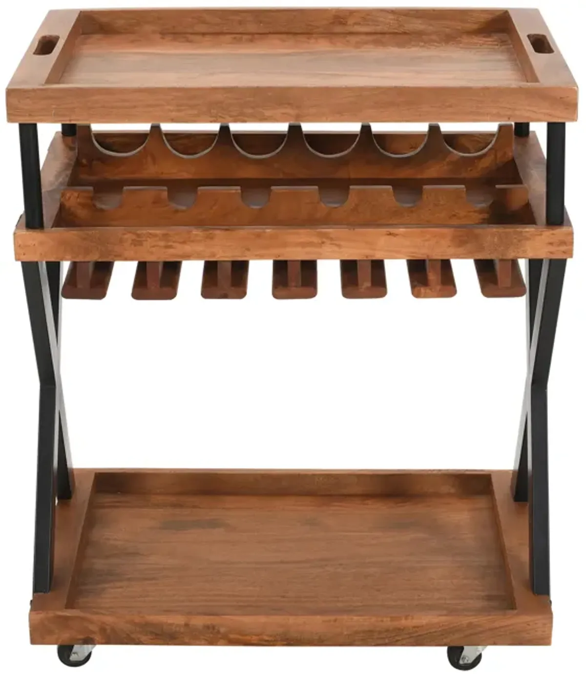 30 Inch Rolling Wine Bar Cart, 2 Tray Tops, Stemware Rack, Bottle Holder, Natural Brown Mango Wood - Saltoro Sherpi