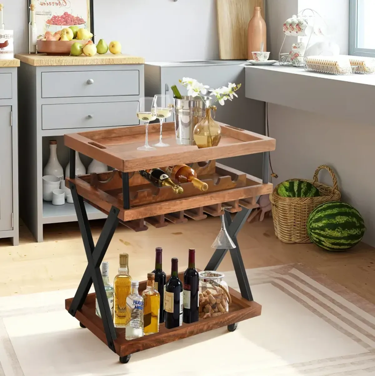 30 Inch Rolling Wine Bar Cart, 2 Tray Tops, Stemware Rack, Bottle Holder, Natural Brown Mango Wood - Saltoro Sherpi