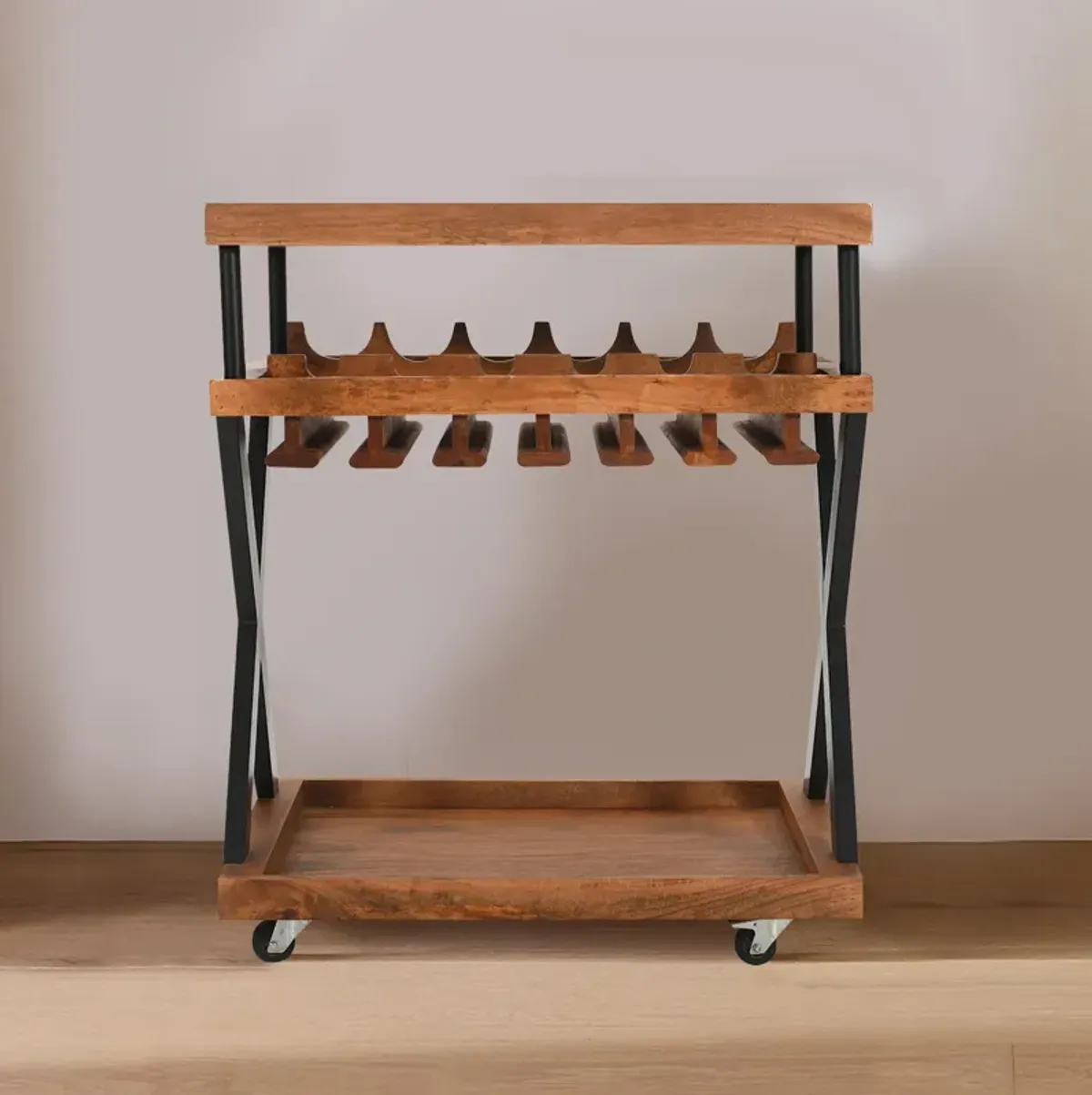 30 Inch Rolling Wine Bar Cart, 2 Tray Tops, Stemware Rack, Bottle Holder, Natural Brown Mango Wood - Saltoro Sherpi