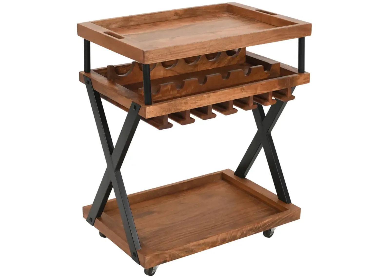 30 Inch Rolling Wine Bar Cart, 2 Tray Tops, Stemware Rack, Bottle Holder, Natural Brown Mango Wood - Saltoro Sherpi