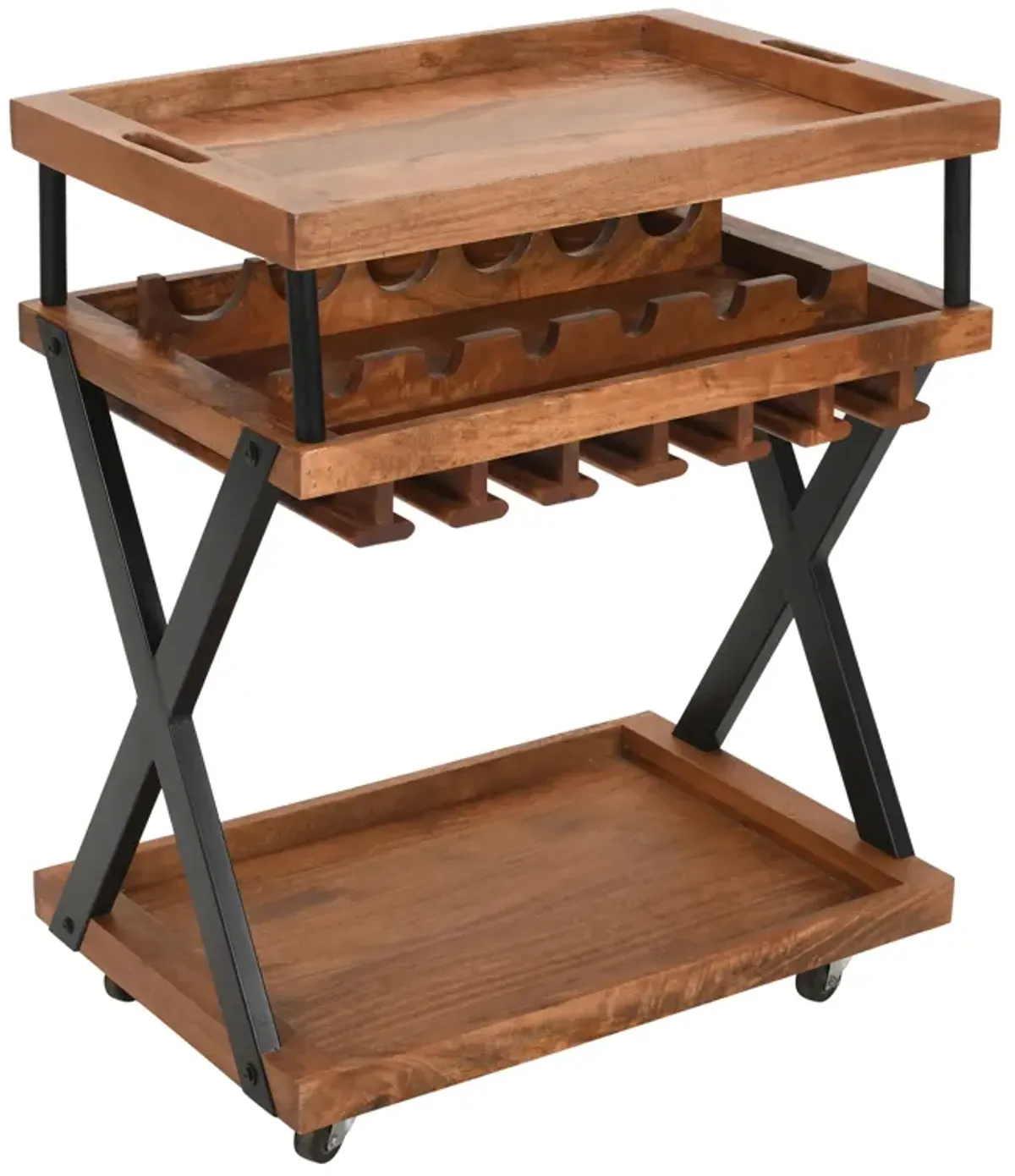 30 Inch Rolling Wine Bar Cart, 2 Tray Tops, Stemware Rack, Bottle Holder, Natural Brown Mango Wood - Saltoro Sherpi