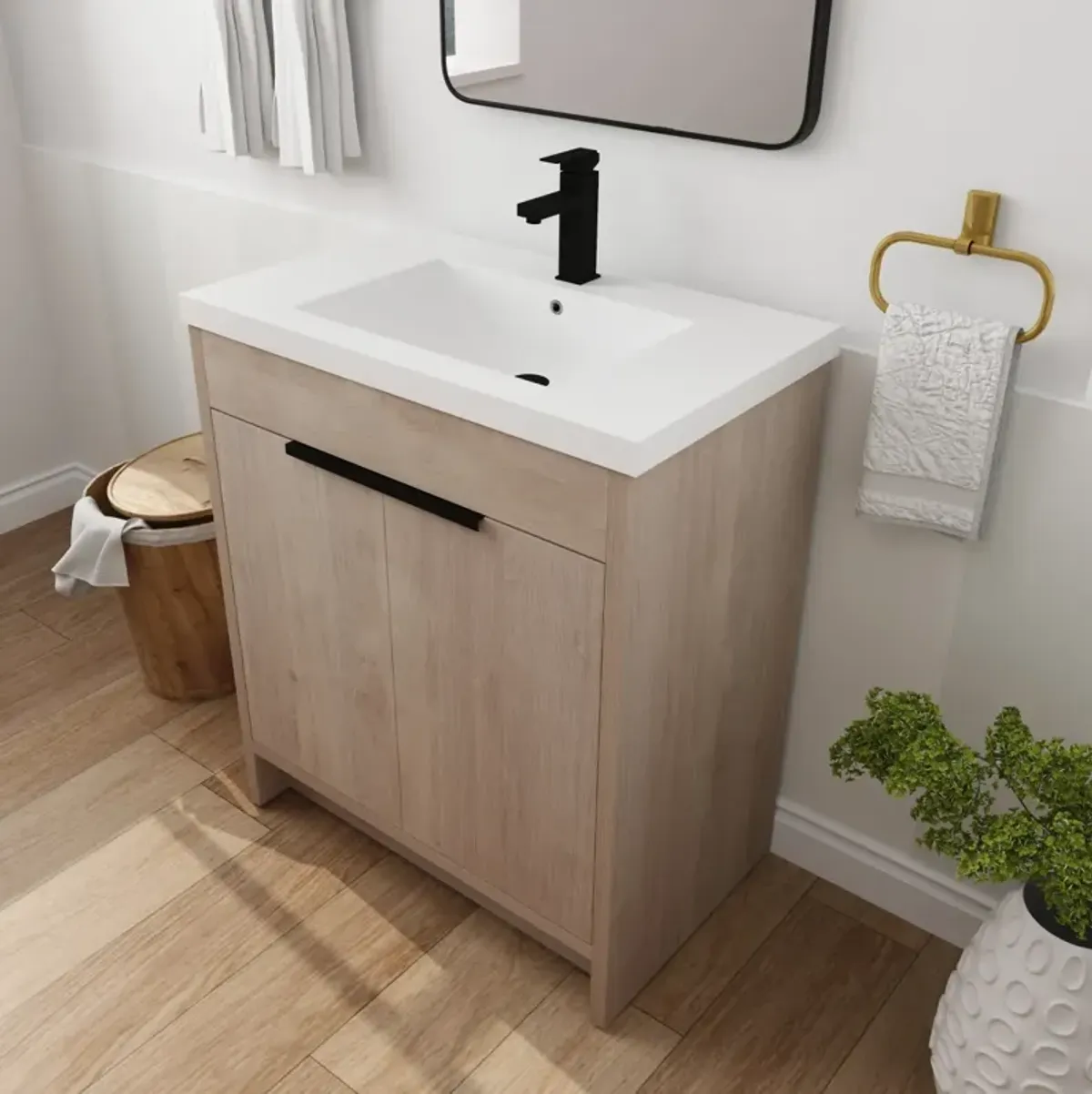 30" Freestanding Vanity with White Resin Sink & 2 Soft-Close Doors