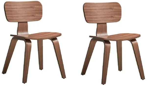 Aon 22 Inch Side Dining Chair Set of 2, Curved Back, Wood, Walnut Brown - Benzara