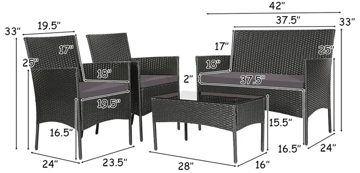 4 Pieces Patio Rattan Cushioned Sofa Set with Tempered Glass Coffee Table