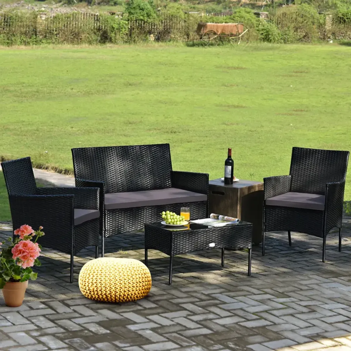 4 Pieces Patio Rattan Cushioned Sofa Set with Tempered Glass Coffee Table