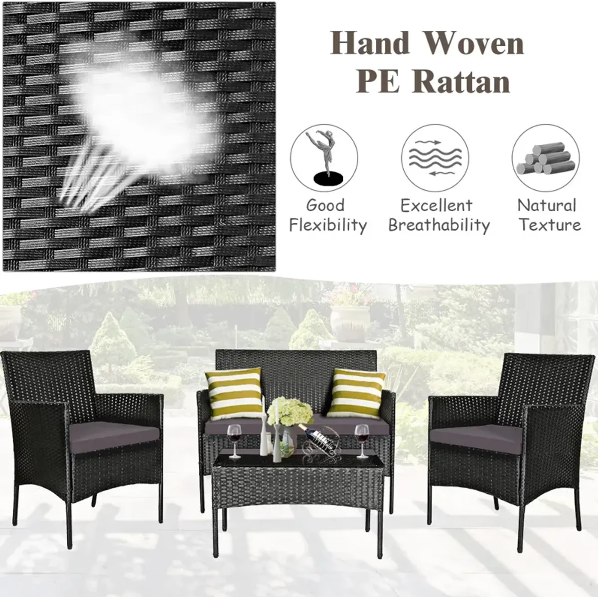 4 Pieces Patio Rattan Cushioned Sofa Set with Tempered Glass Coffee Table