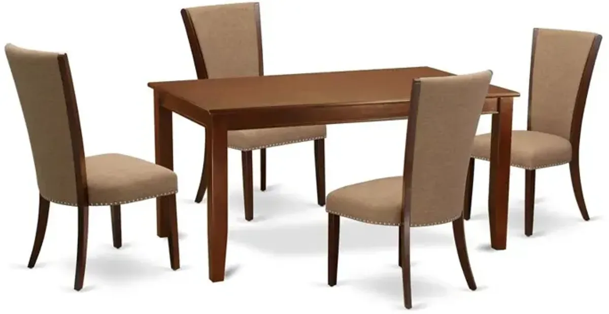 East-West Furniture DUVE5-MAH-47 - A modern dining table set of 4 great kitchen chairs using Linen Fabric Light Sable color and an attractive rectangle kitchen table in Mahogany Finish