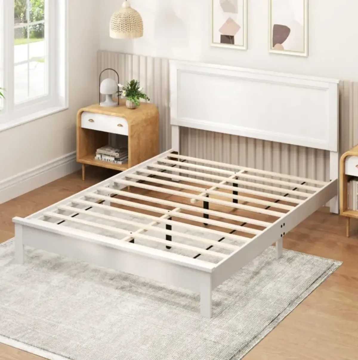 Hivvago Queen Size Bed Frame Platform Slat High Headboard Bedroom with Rubber Wood Leg