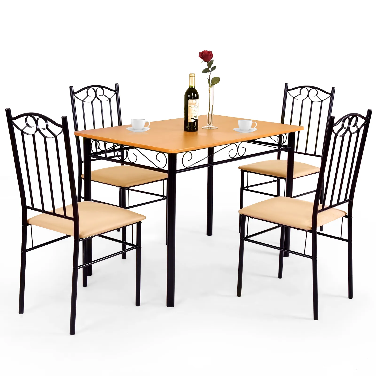 5 Pieces Dining Set Wooden Table and 4 Cushioned Chairs