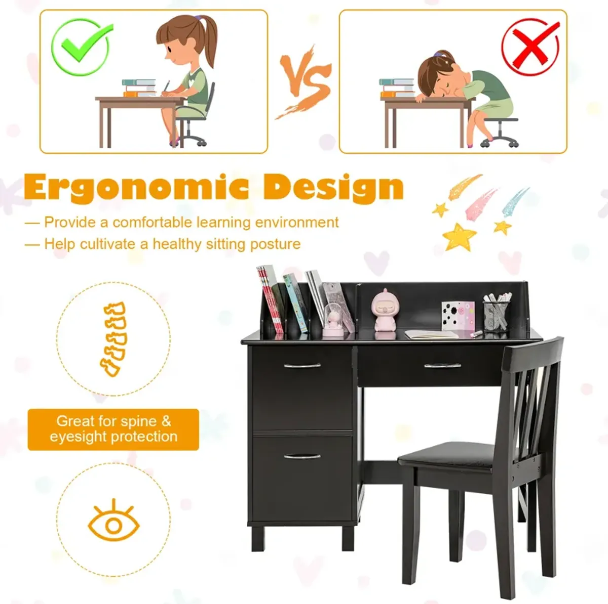 Kids Wooden Writing Furniture Set with Drawer and Storage Cabinet