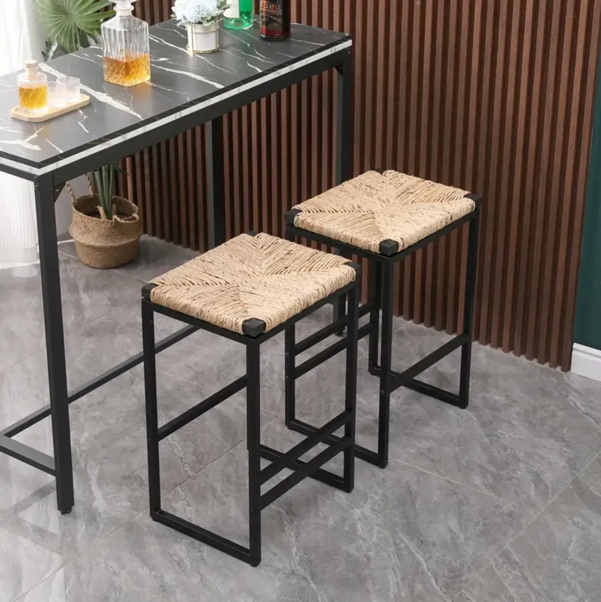 2 Water Hyacinth Woven Bar Stools With Footrest