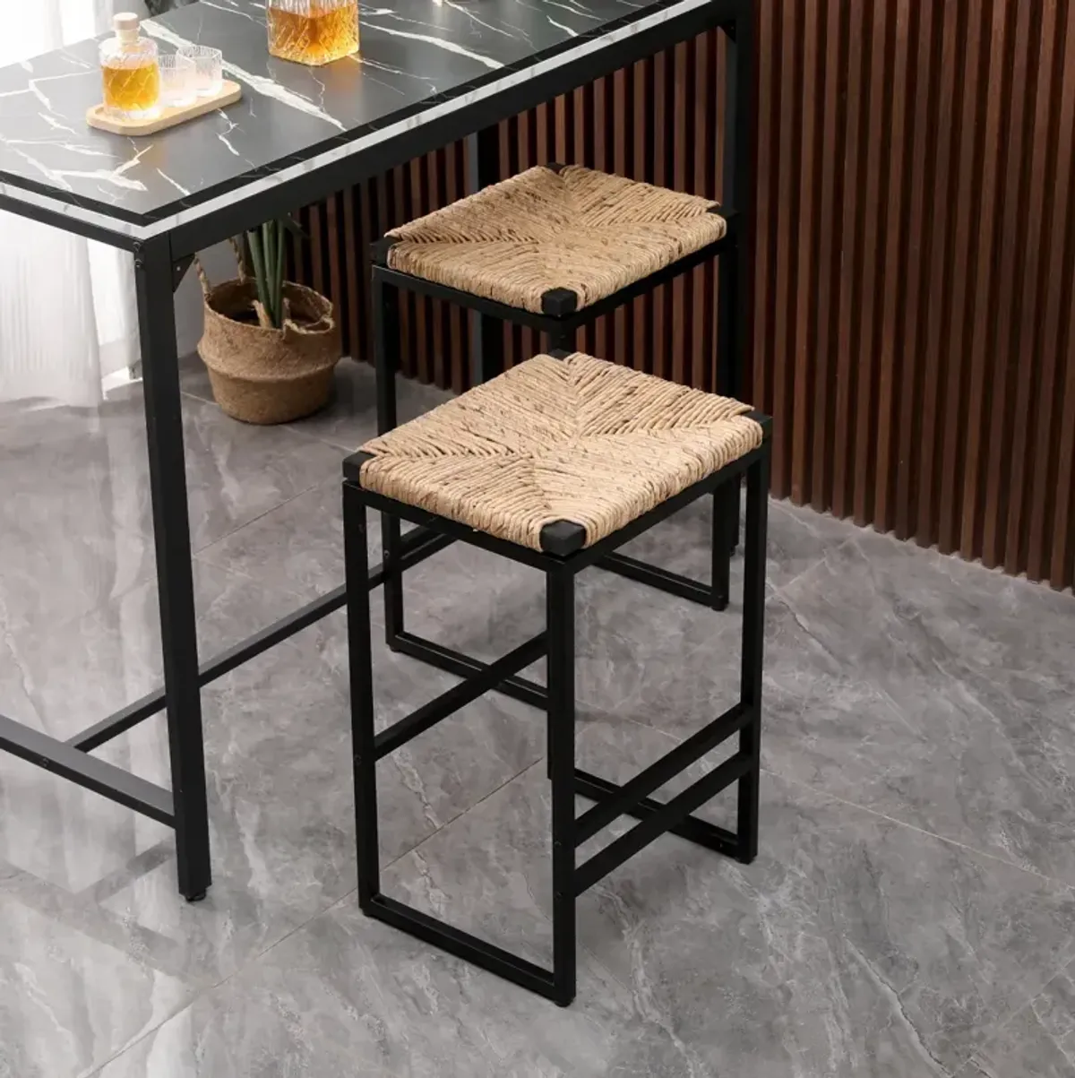 2 Water Hyacinth Woven Bar Stools With Footrest