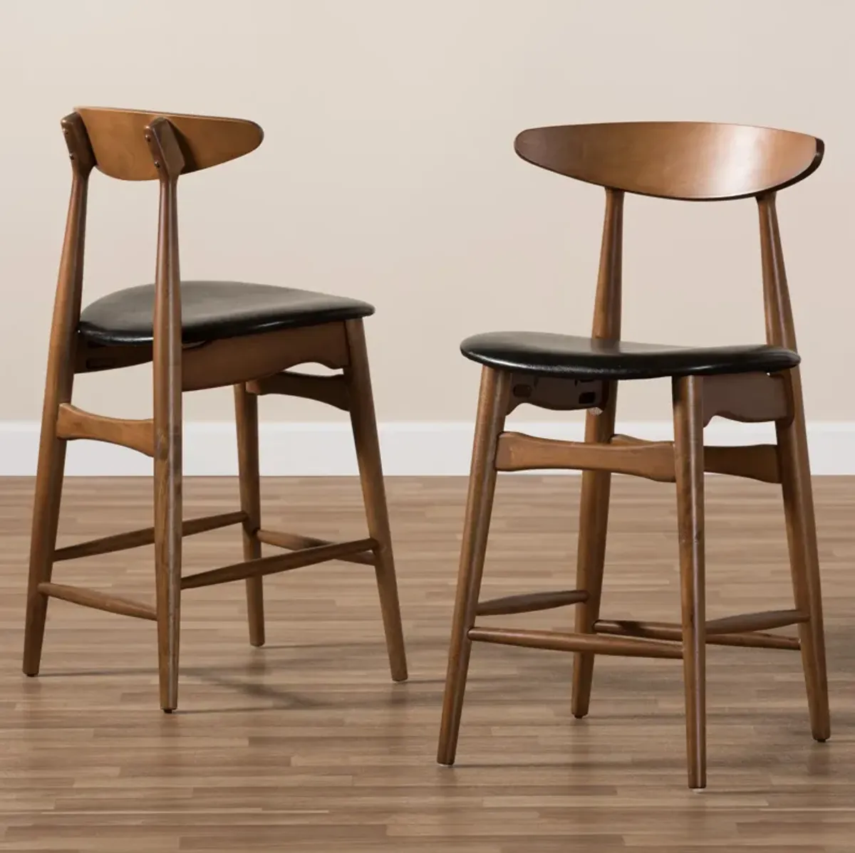 Baxton Studio Flora Mid Century Black Faux Leather Upholstered Counter Stools Set of 2