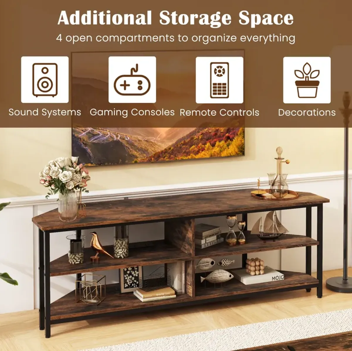 3-Tier Corner TV Stand for TVs up to 65 Inches with Charging Station