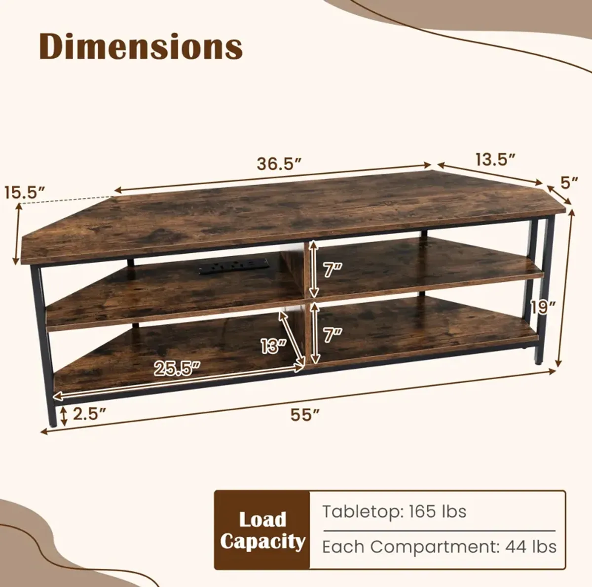 3-Tier Corner TV Stand for TVs up to 65 Inches with Charging Station