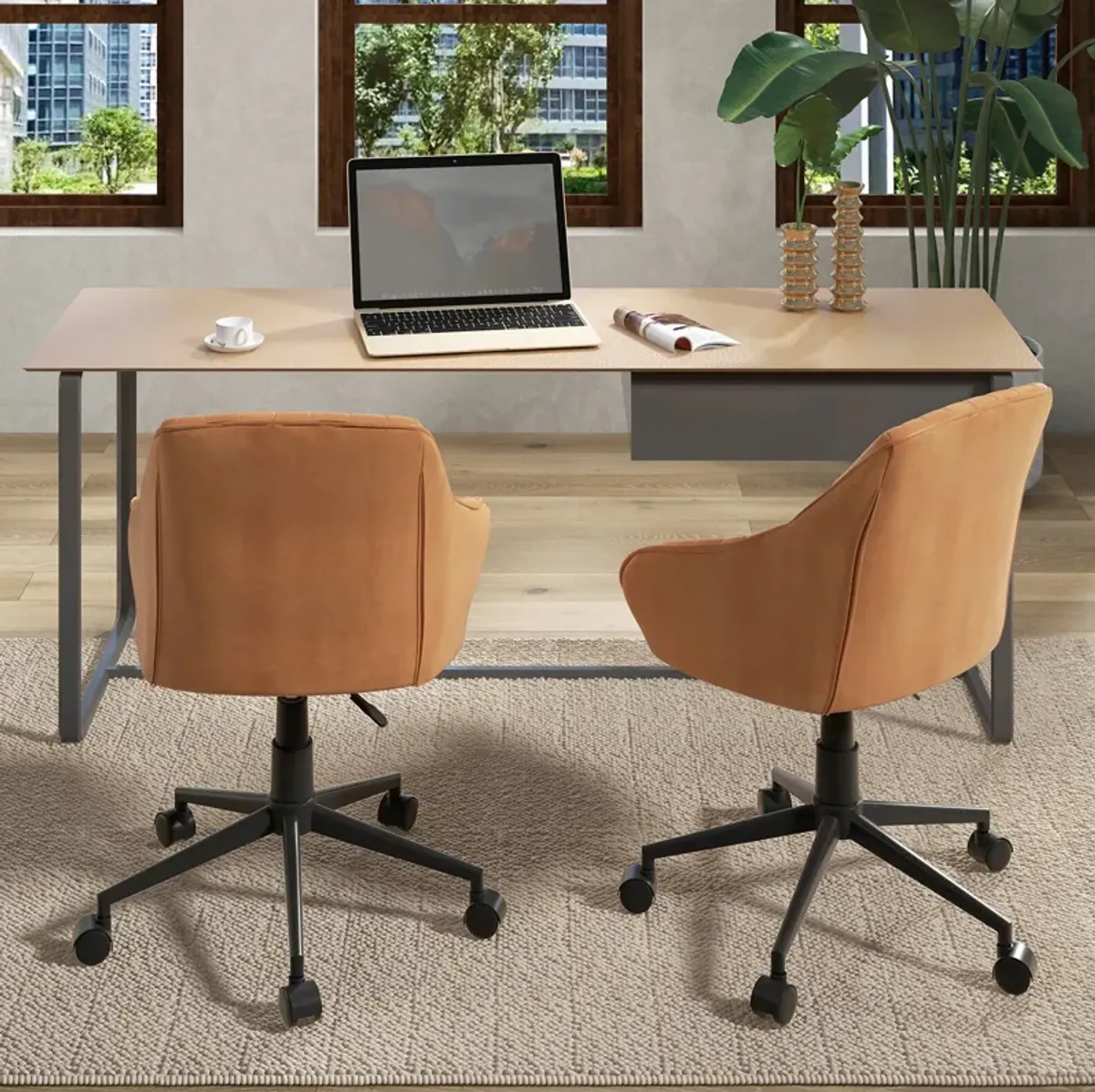 Modern Home Office Chair with Curved Backrest and Comfortable Armrests-Brown