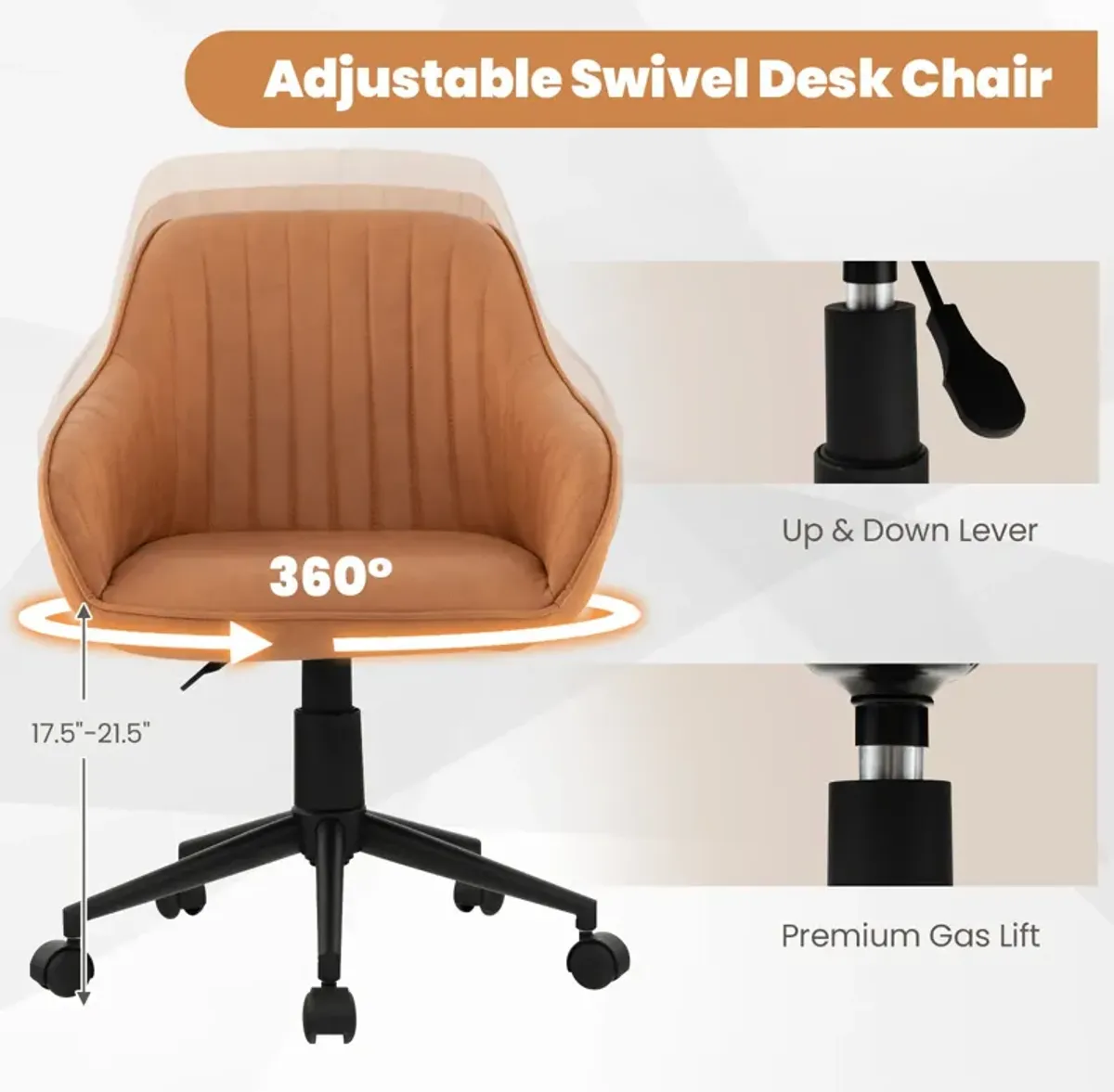 Modern Home Office Chair with Curved Backrest and Comfortable Armrests-Brown