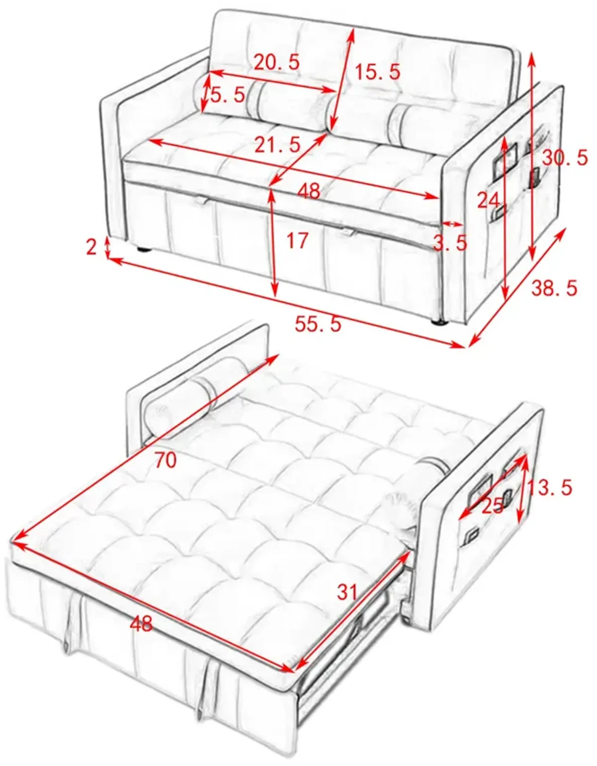 Modern 55.5" Pull Out Sleep Sofa Bed 2 Seater Loveseats Sofa Couch With Side Pockets