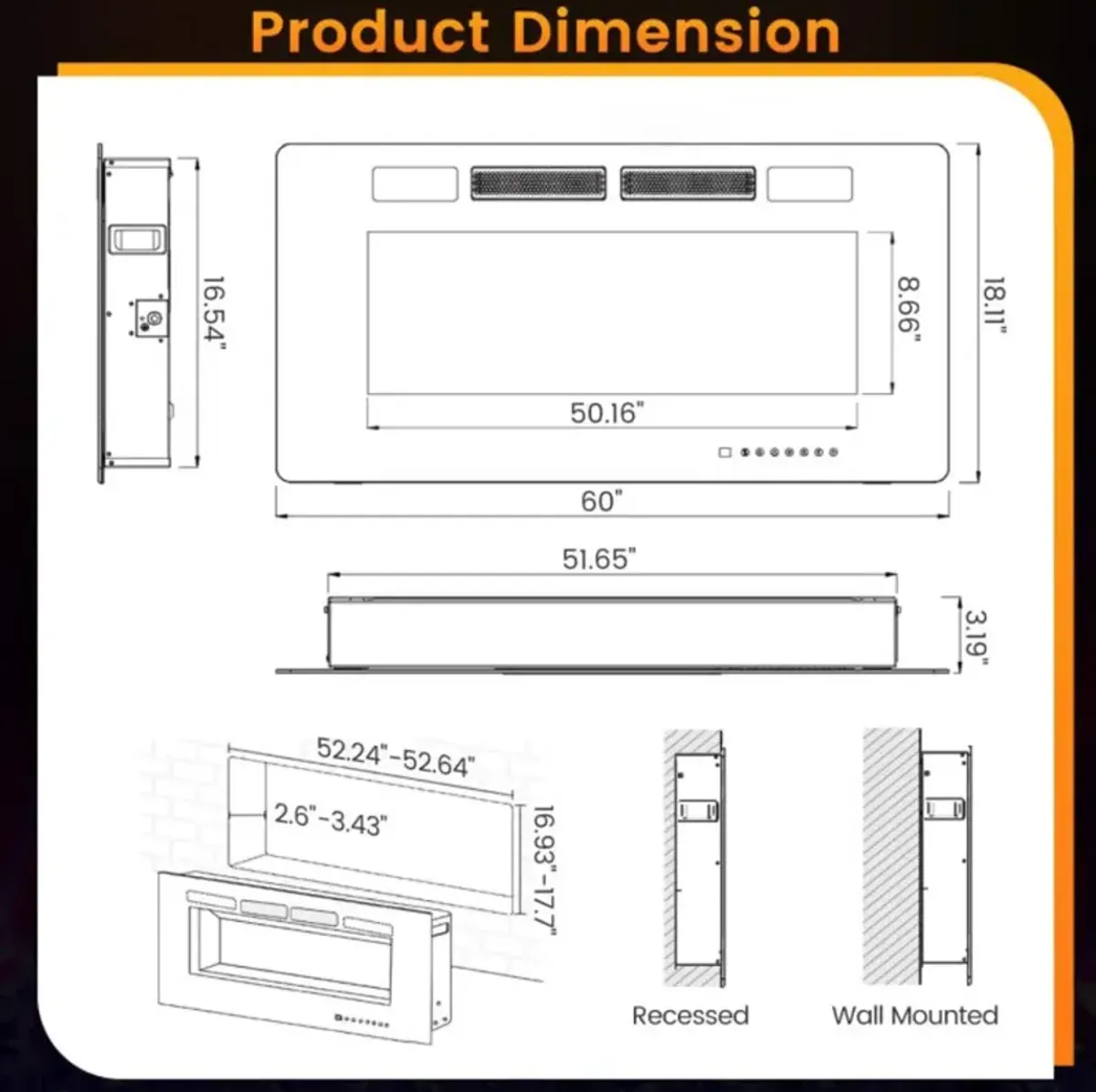 Hivvago 60-Inch Electric Fireplace with Decorative Crystals – Ultra-Thin Design"