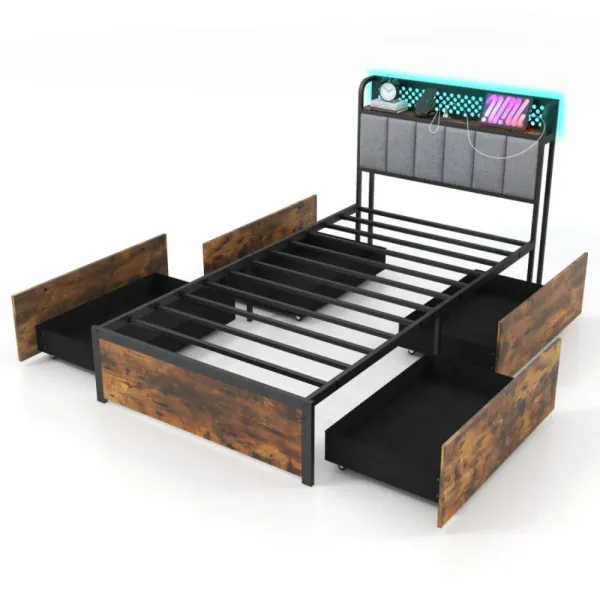 Hivvago Bed Frame with LED Lights, Upholstered Headboard and 4 Storage Drawers