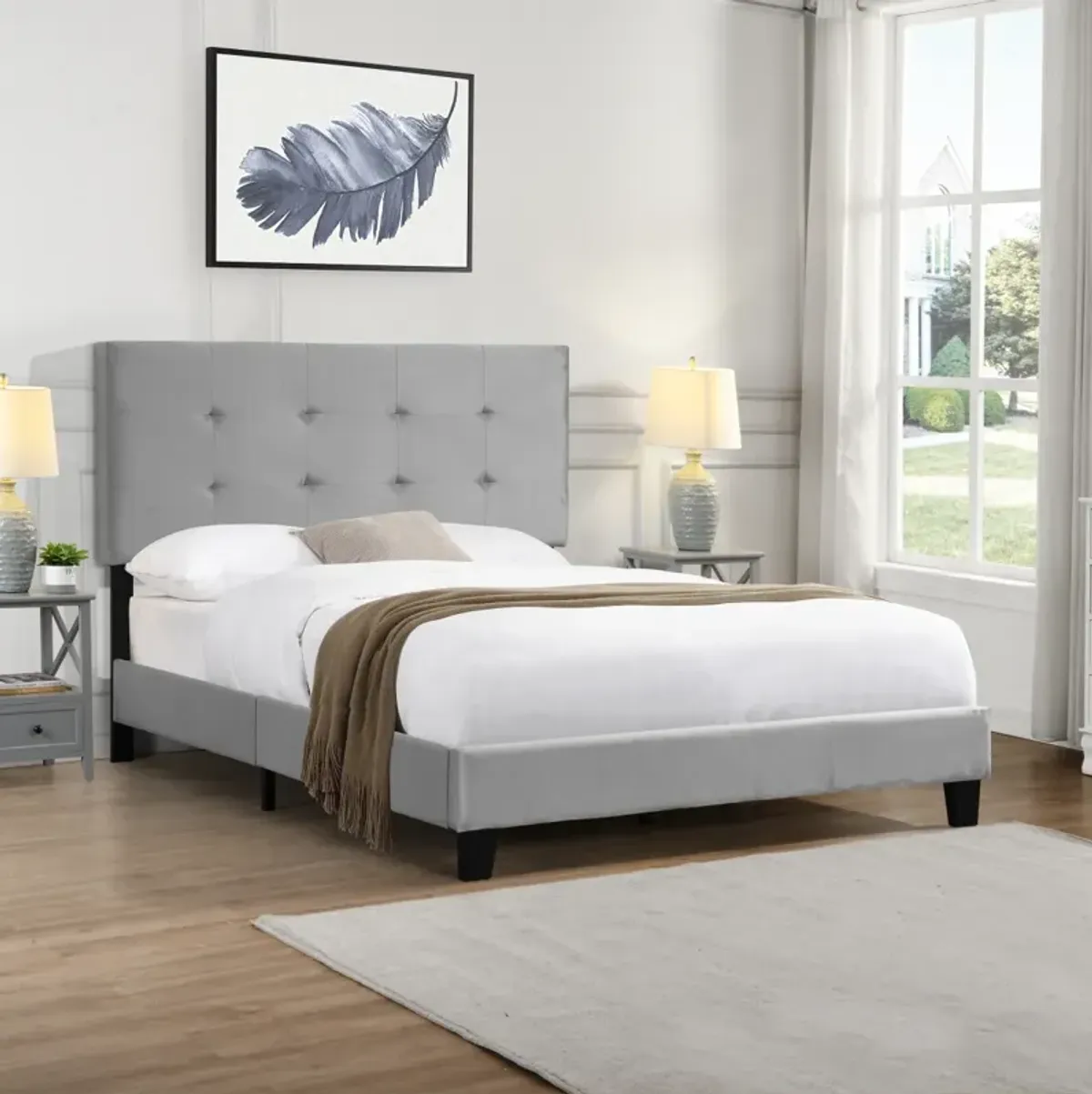 Full Size Upholstered Platform Bed Frame With Pull Point Tufted Headboard, Strong Wood Slat