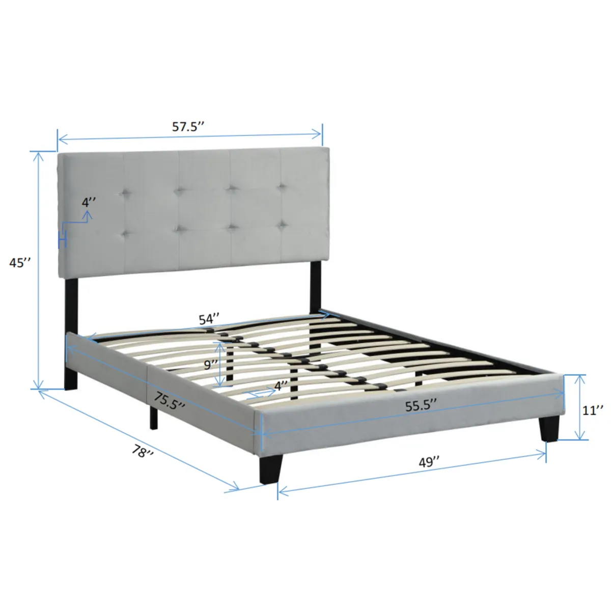 Full Size Upholstered Platform Bed Frame With Pull Point Tufted Headboard, Strong Wood Slat