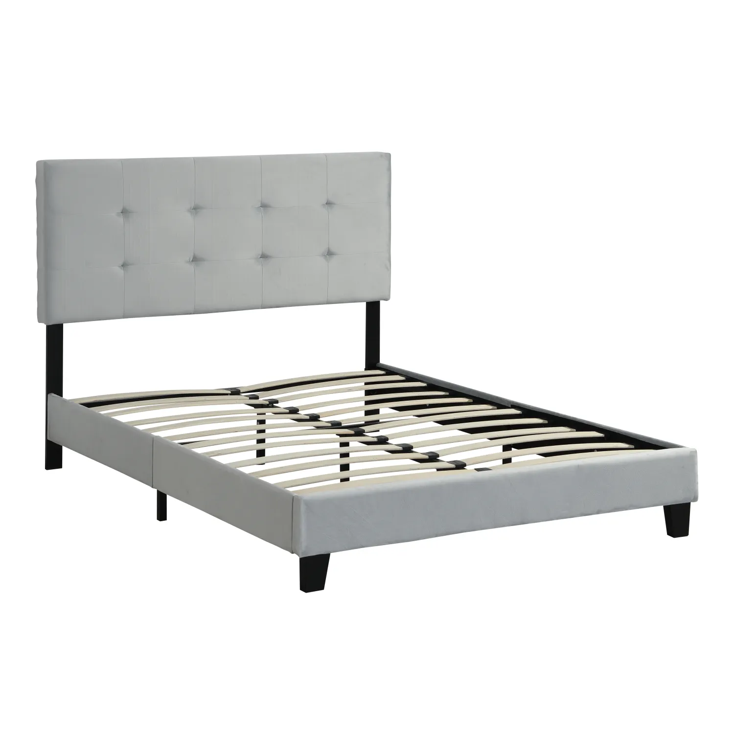 Full Size Upholstered Platform Bed Frame With Pull Point Tufted Headboard, Strong Wood Slat