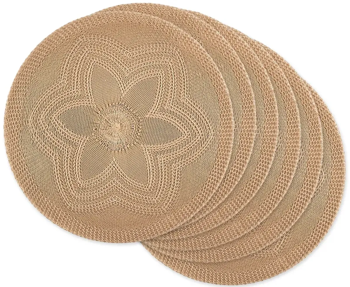 Set of 6 Tan Brown Woven Floral Round Placemat 15"