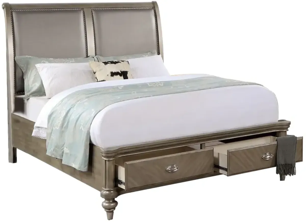 Ella Modern King Size Bed, Faux Leather Upholstery, 2 Storage Drawers, Gold - Benzara