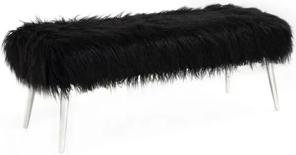 Ammy 45 Inch Bench with Foam Fill Seat, Black Faux Fur, Silver Metal Legs - Benzara