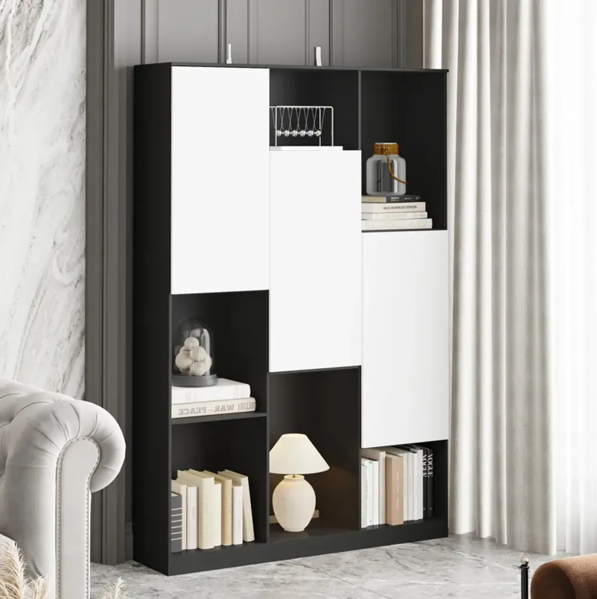 FUFU&GAGA Modern Multi-Tier Bookcase with Storage Cabinets, 70.9'' Tall, (47.2" W x 11.8" D x 70.9" H), Black and White