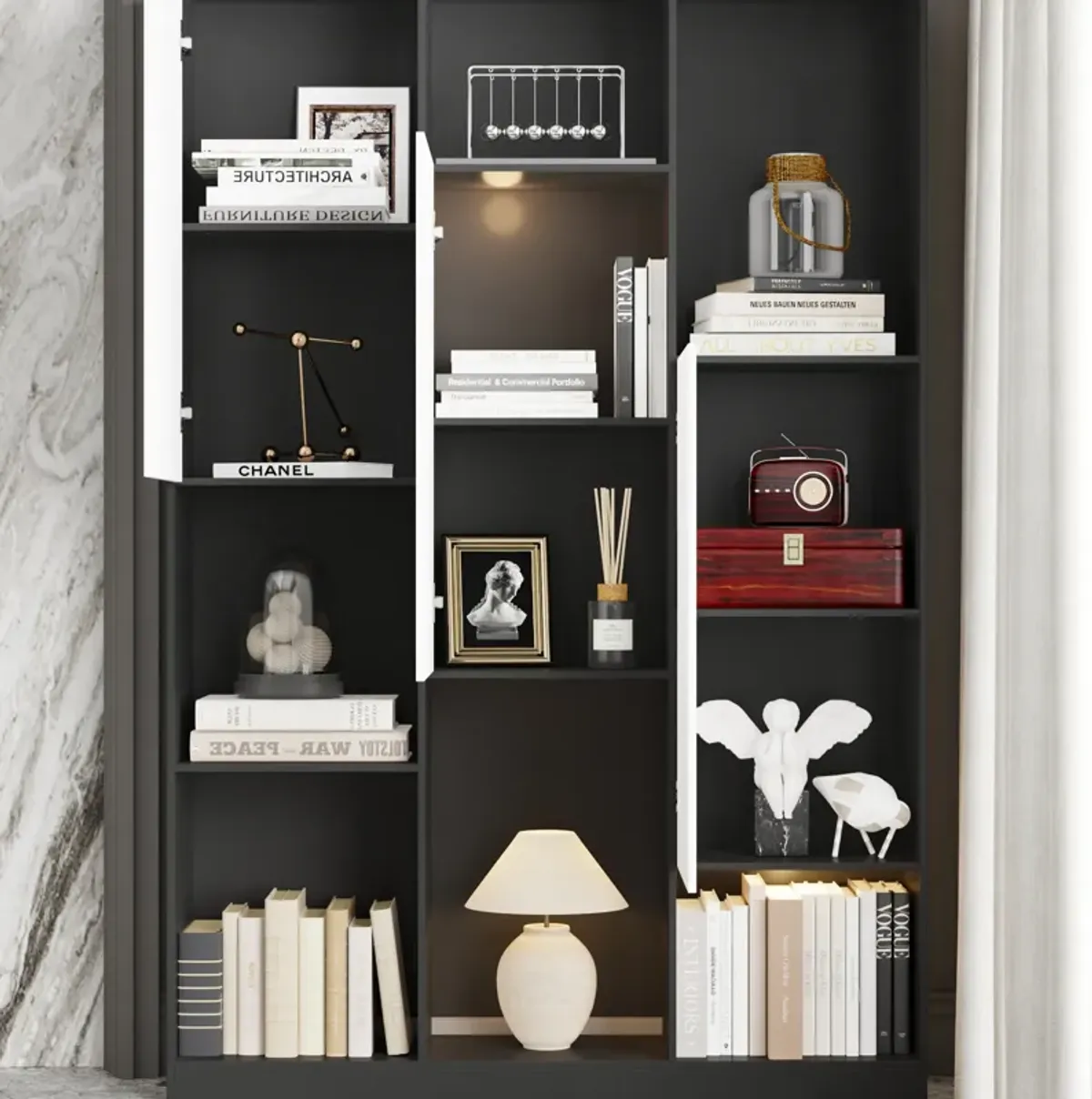 FUFU&GAGA Modern Multi-Tier Bookcase with Storage Cabinets, 70.9'' Tall, (47.2" W x 11.8" D x 70.9" H), Black and White