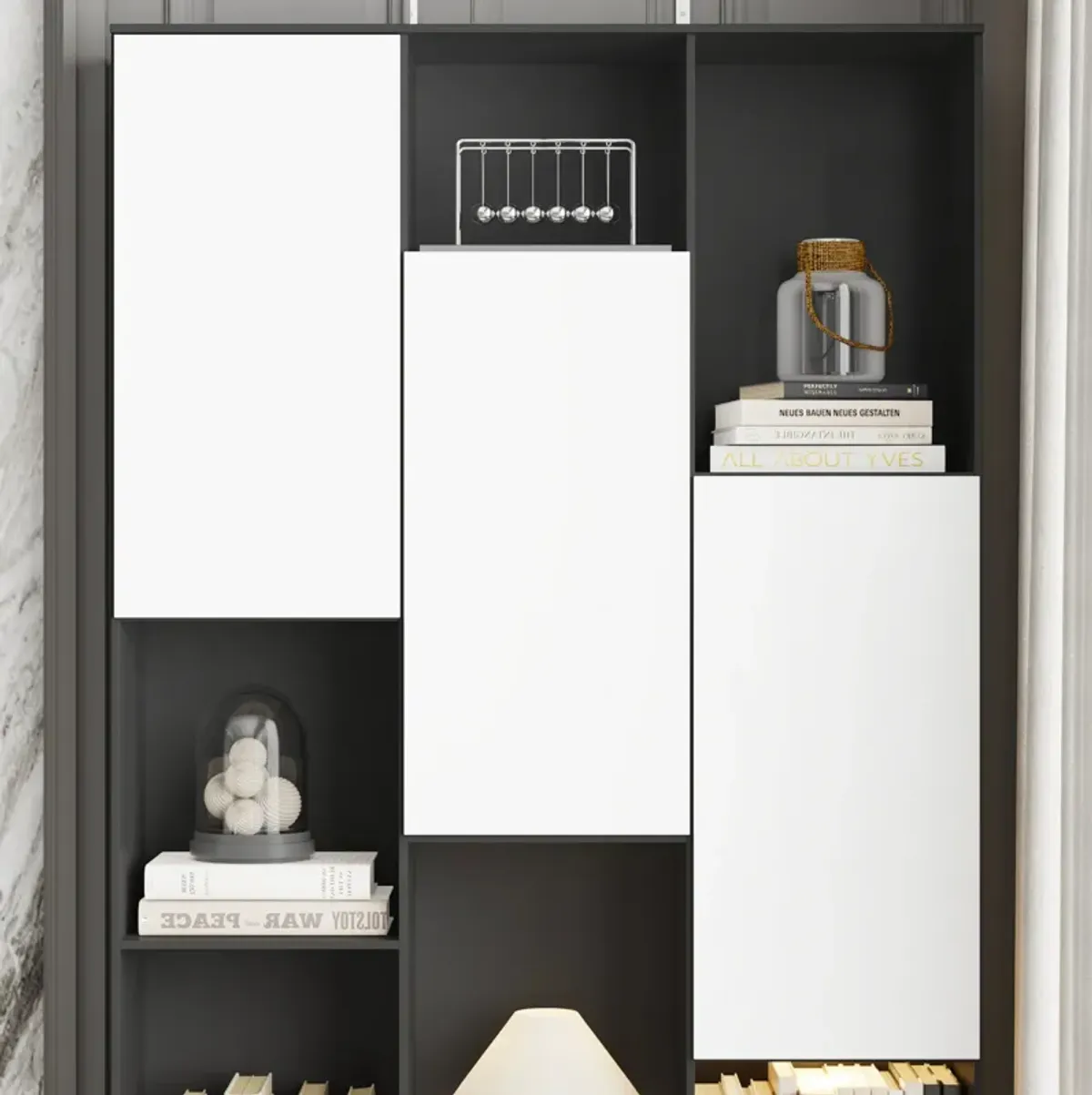 FUFU&GAGA Modern Multi-Tier Bookcase with Storage Cabinets, 70.9'' Tall, (47.2" W x 11.8" D x 70.9" H), Black and White