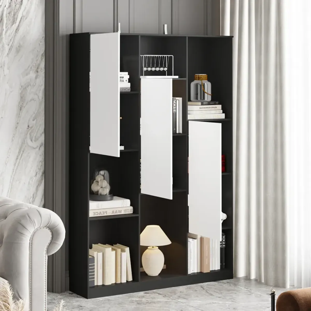 FUFU&GAGA Modern Multi-Tier Bookcase with Storage Cabinets, 70.9'' Tall, (47.2" W x 11.8" D x 70.9" H), Black and White