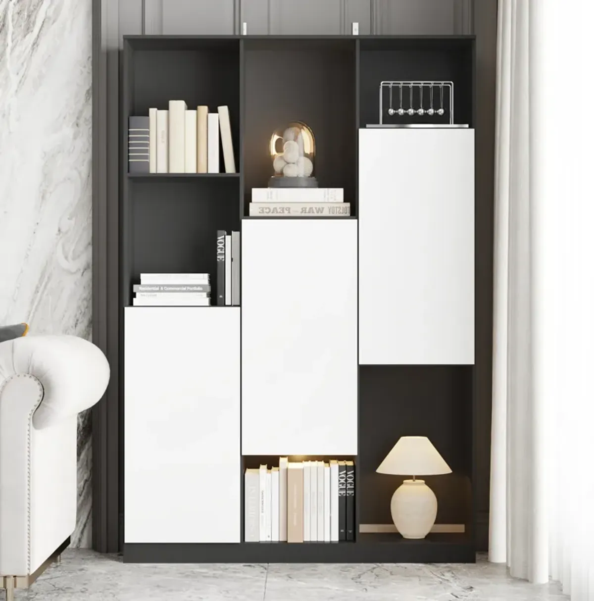 FUFU&GAGA Modern Multi-Tier Bookcase with Storage Cabinets, 70.9'' Tall, (47.2" W x 11.8" D x 70.9" H), Black and White