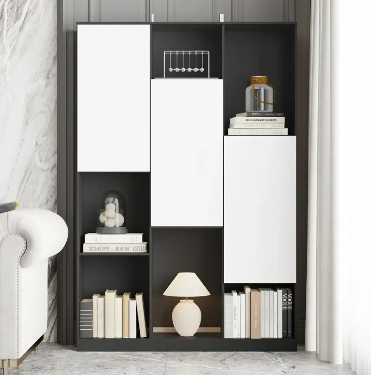 FUFU&GAGA Modern Multi-Tier Bookcase with Storage Cabinets, 70.9'' Tall, (47.2" W x 11.8" D x 70.9" H), Black and White