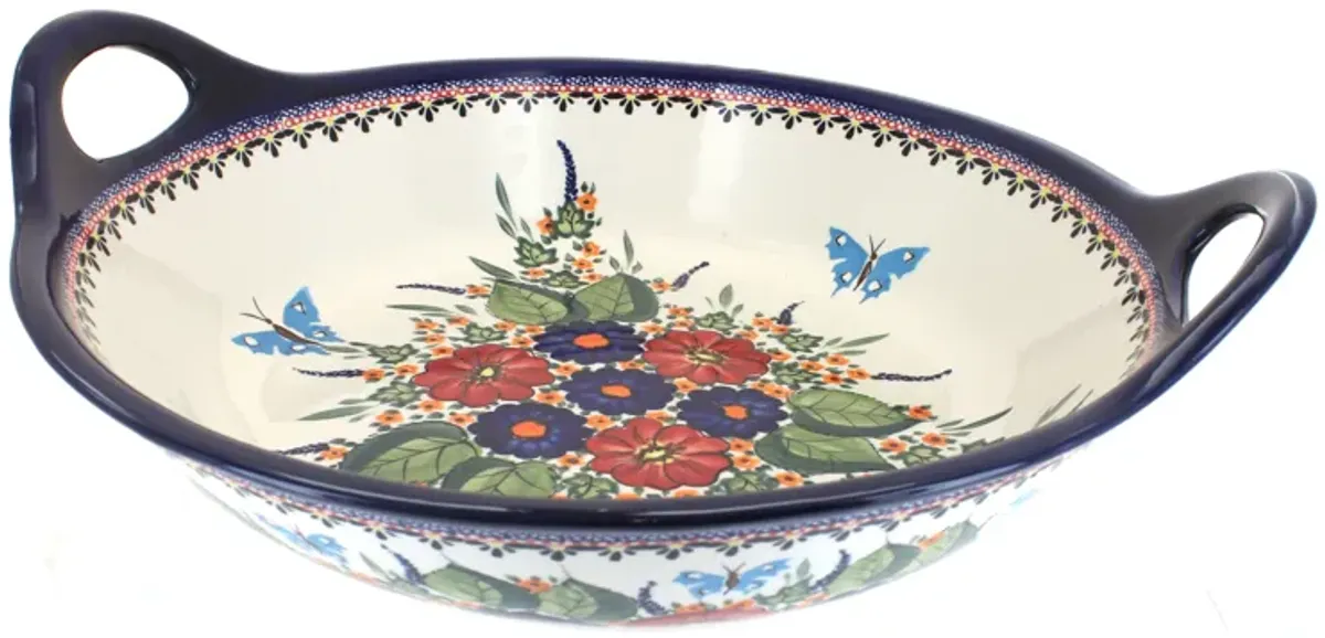 Blue Rose Polish Pottery Floral Butterfly Large Deep Bowl with Handles