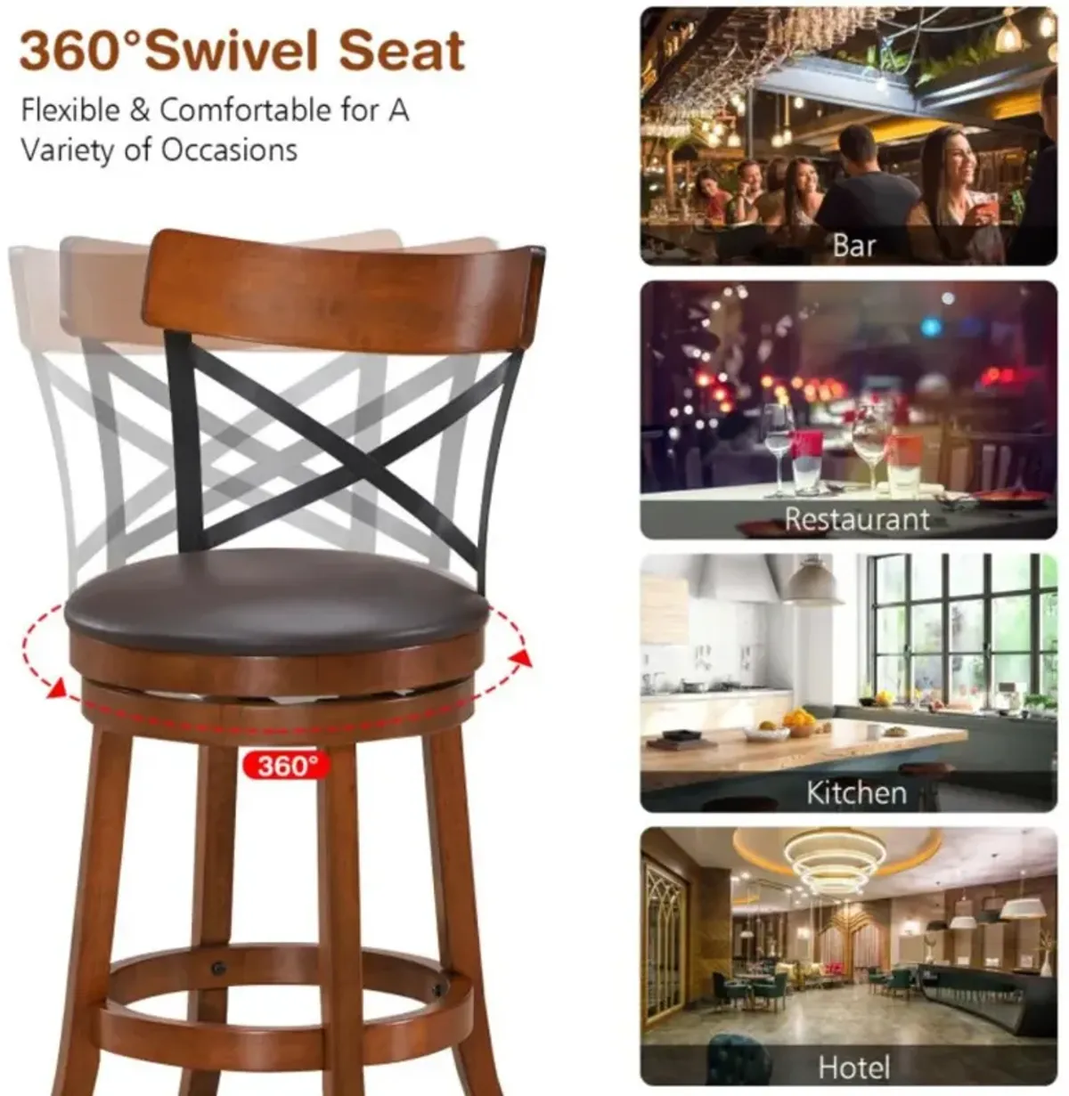 Hivvago Set of 2 Bar Stools 360-Degree Swivel Dining Bar Chairs with Rubber Wood Legs