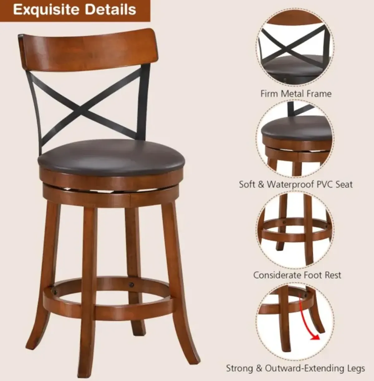 Hivvago Set of 2 Bar Stools 360-Degree Swivel Dining Bar Chairs with Rubber Wood Legs