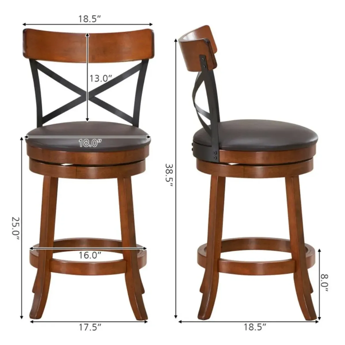 Hivvago Set of 2 Bar Stools 360-Degree Swivel Dining Bar Chairs with Rubber Wood Legs