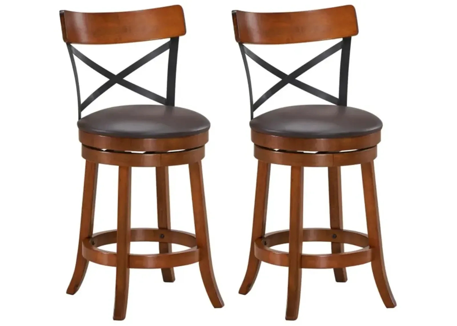 Hivvago Set of 2 Bar Stools 360-Degree Swivel Dining Bar Chairs with Rubber Wood Legs