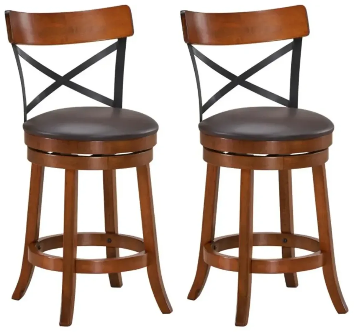 Hivvago Set of 2 Bar Stools 360-Degree Swivel Dining Bar Chairs with Rubber Wood Legs