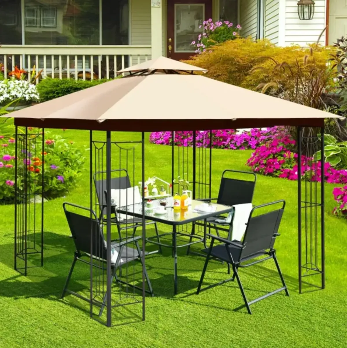 Hivvago 10 x 10 Feet L-Shaped Patio Canopy Gazebo Outdoor 2-Tier Steel Tent