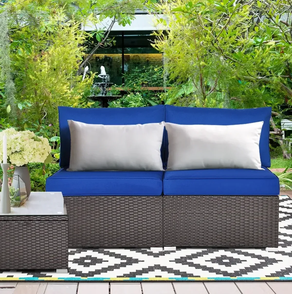 2 Pieces Patio Rattan Armless Sofa Set with 2 Cushions and 2 Pillows