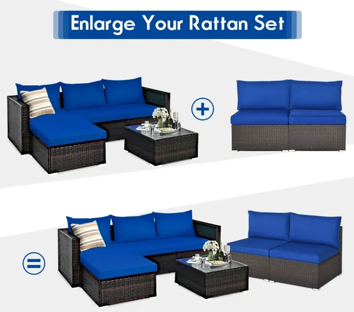 2 Pieces Patio Rattan Armless Sofa Set with 2 Cushions and 2 Pillows