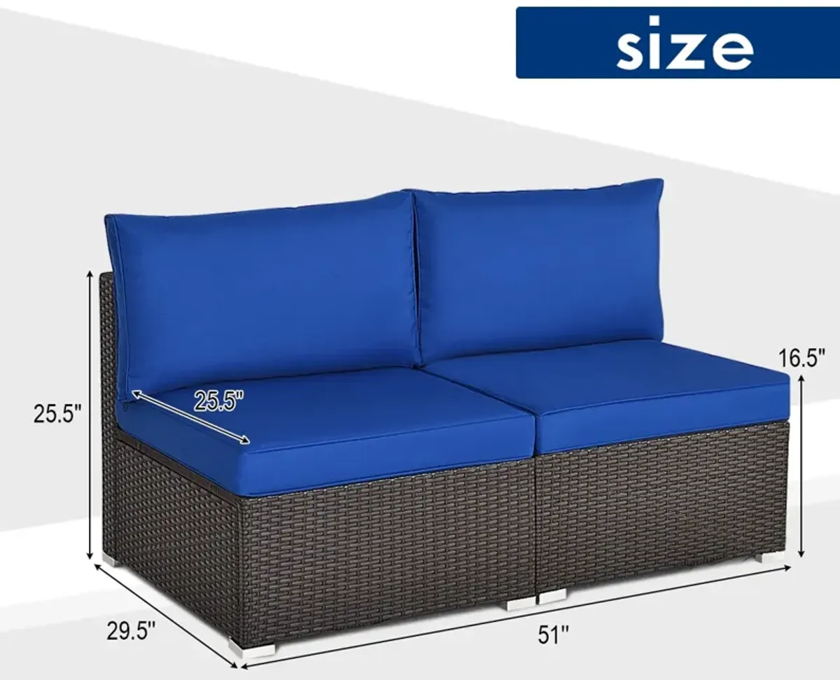 2 Pieces Patio Rattan Armless Sofa Set with 2 Cushions and 2 Pillows