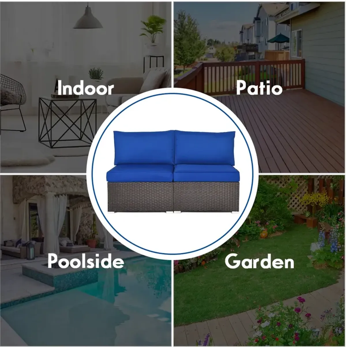 2 Pieces Patio Rattan Armless Sofa Set with 2 Cushions and 2 Pillows