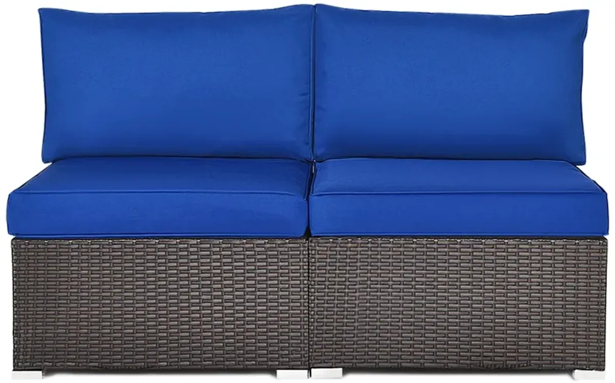 2 Pieces Patio Rattan Armless Sofa Set with 2 Cushions and 2 Pillows